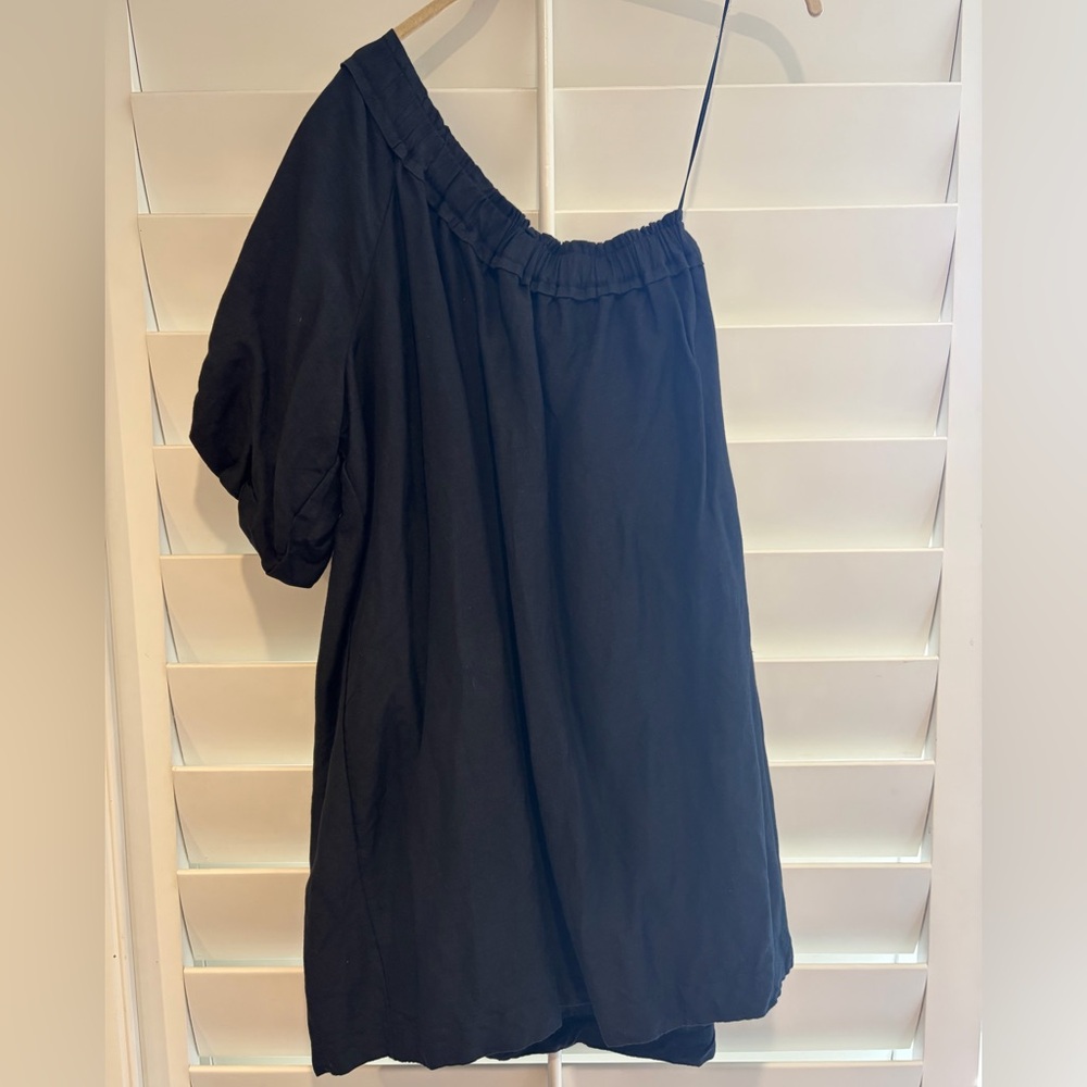 BY ANTHROPOLOGIE EUC One Shoulder Waistless Mini Dress Linen Blend M Black - Picture 10 of 11
